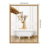 Mother giraffe nuzzles baby giraffe sitting in a white vintage clawfoot bathtub filled with bubbles, against a white paneled wall and wooden floor.