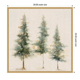 Abstract painting of three evergreen trees with green and brown brushstrokes on a neutral linen-colored canvas, framed in light wood.
