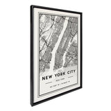 Framed black-and-white map of New York City by Jake Goossen showing Manhattan and surrounding boroughs with coordinates below the title