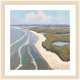 Framed coastal landscape art showing ocean, sandy shore, waves, greenery, and soft clouds.