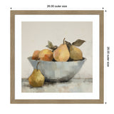 Still life painting of a gray bowl filled with pears and oranges, with one pear resting outside on a textured surface, framed in light wood.