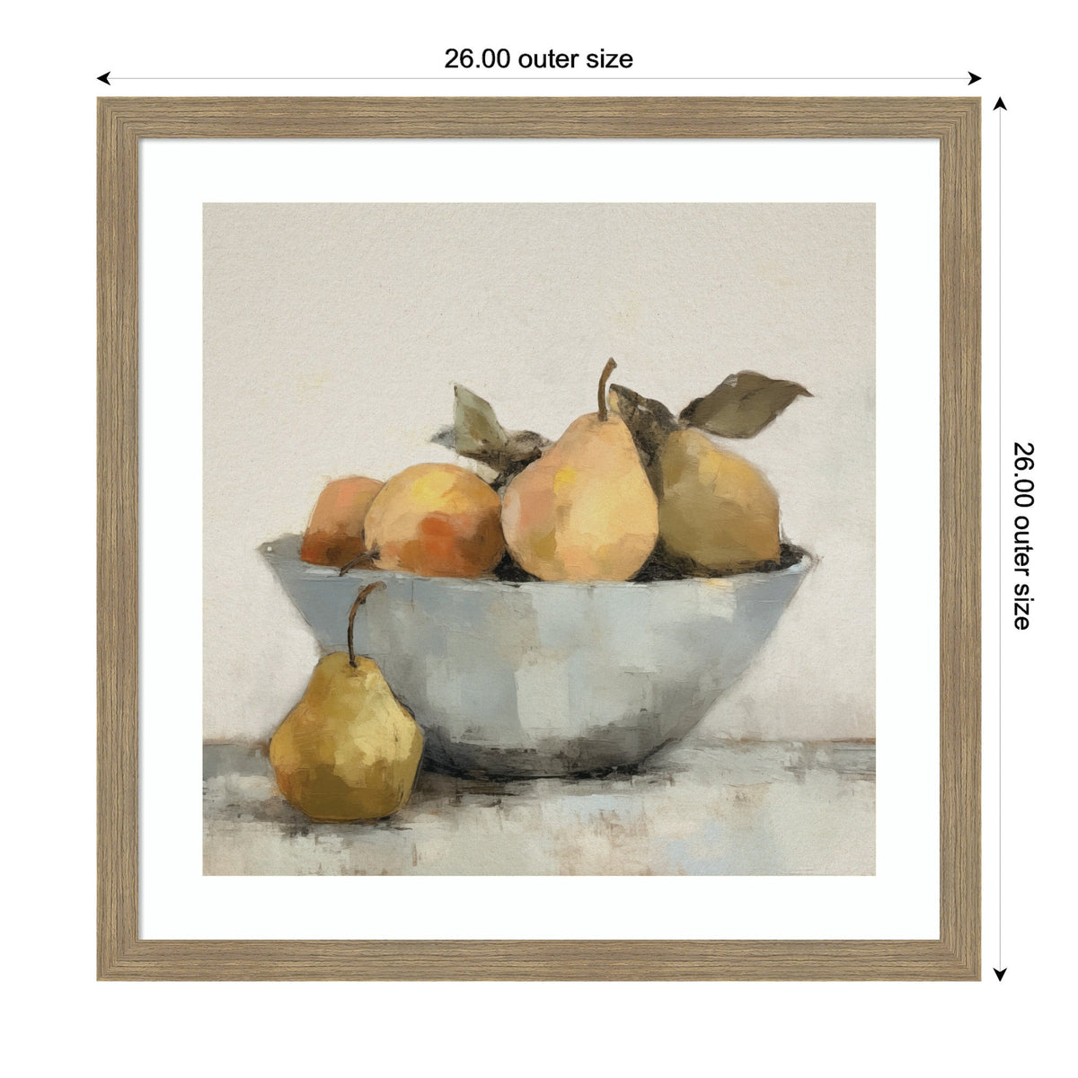 Still life painting of a gray bowl filled with pears and oranges, with one pear resting outside on a textured surface, framed in light wood.