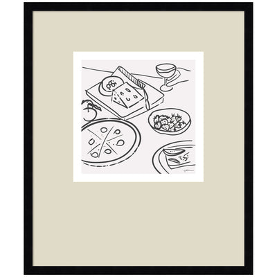 Dinner Club framed wall art print by Gabrielly Guedes with black moulding, showing rich color and a graphic image