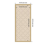 Framed rectangular pinboard with a beige fabric featuring a green lattice pattern of diagonal lines and small dots, dimensions labeled 18x42 inches outer and 16x40 inches inner.