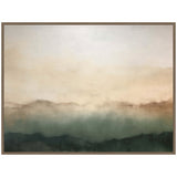Abstract horizontal canvas with layered horizontal bands in muted green, beige, and brown tones suggesting misty mountains under a pale sky, framed in light wood.