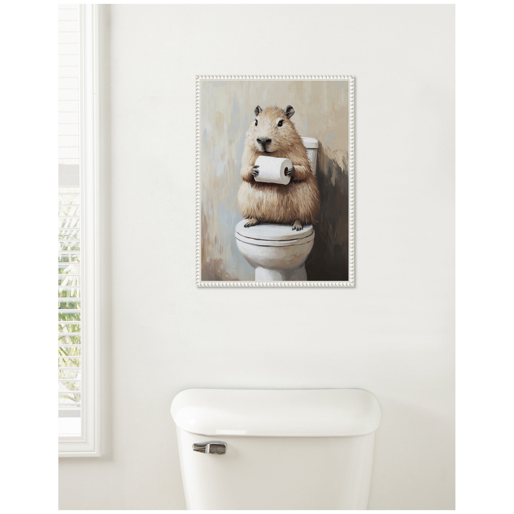 Sylvie Capybara Angled Holding Toilet Paper Roll Toilet Bathroom Art Framed Canvas
