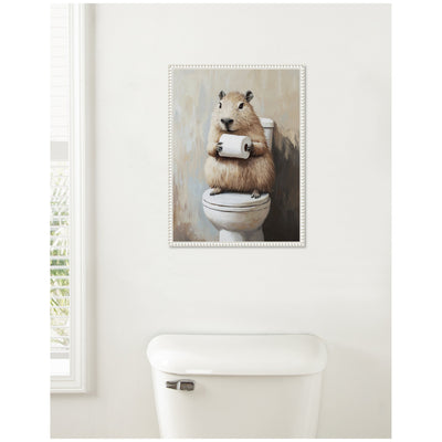 Sylvie Capybara Angled Holding Toilet Paper Roll Toilet Bathroom Art Framed Canvas