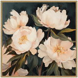 Painterly style close-up of four large creamy white peonies with green leaves on a dark blue background in a light wood frame.