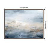 Abstract canvas artwork featuring soft horizontal layers of blue and beige tones blending into a serene, oceanic atmosphere within a rectangular wooden frame.