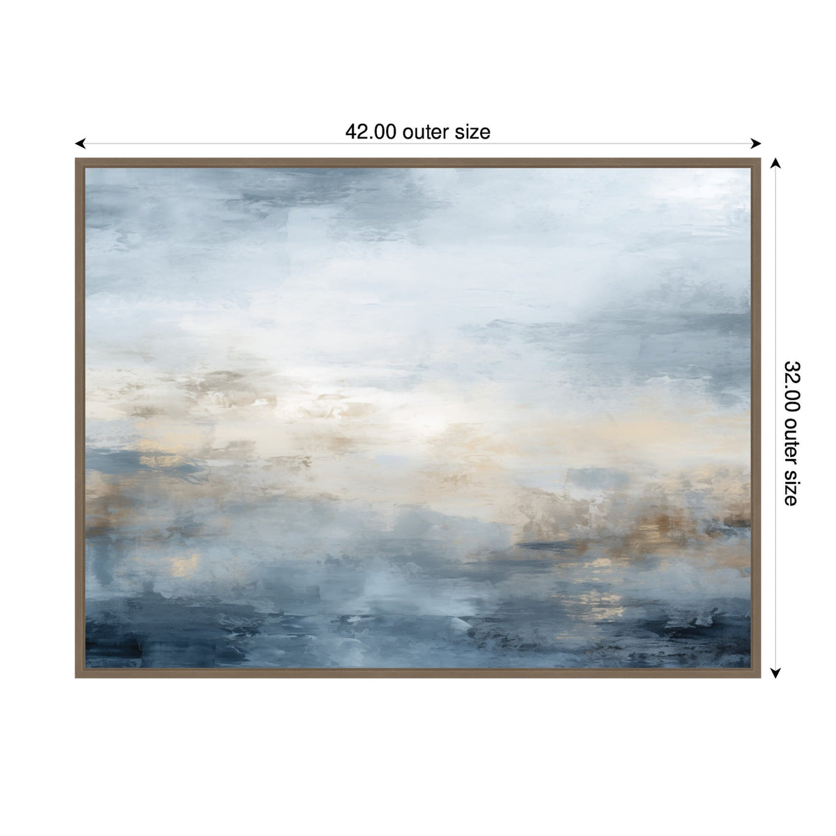 Abstract canvas artwork featuring soft horizontal layers of blue and beige tones blending into a serene, oceanic atmosphere within a rectangular wooden frame.