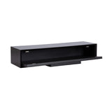 Rectangular black floating console table with open front compartment and a flap door lowered horizontally below the main storage space.
