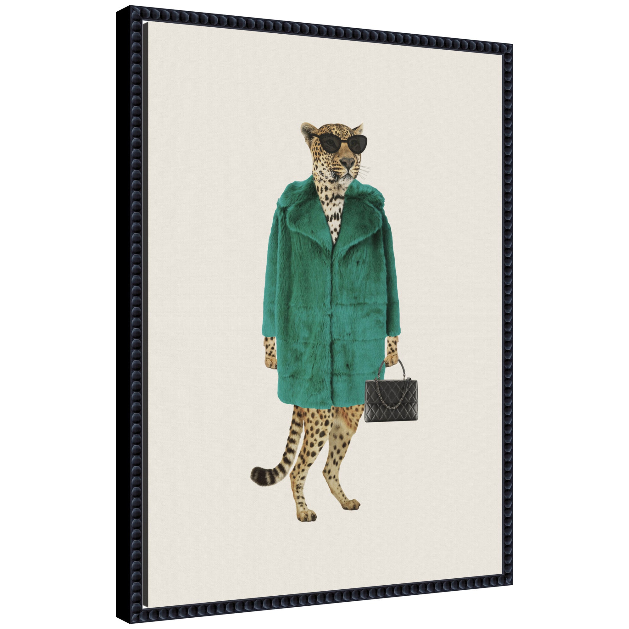 Framed canvas art featuring a cool stylish trendy leopard image with vintage beaded frame