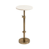 Small round white marble tabletop on an adjustable brass stand with a round base and wing-nut height adjustment, shown against a white background.