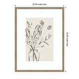 Black line drawing of protea flowers and leaves in a clear vase on beige background, framed in light wood with white mat, outer size 32x42 inches.