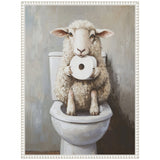 Painting of a fluffy white sheep sitting on a white toilet holding a roll of toilet paper against a muted gray background in a decorative white frame.