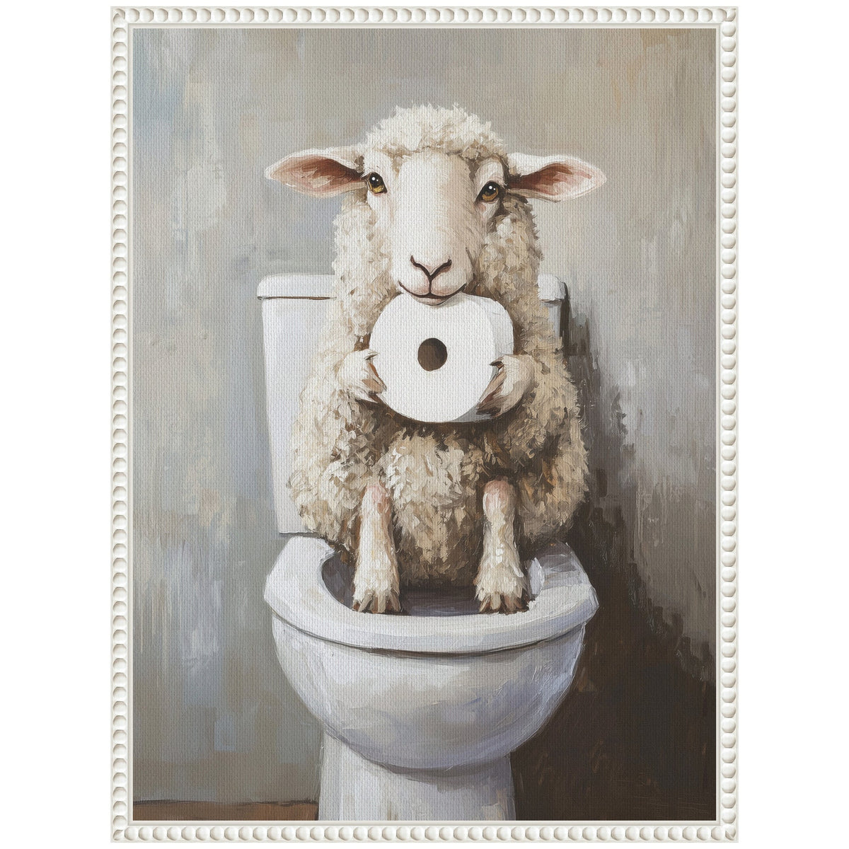 Painting of a fluffy white sheep sitting on a white toilet holding a roll of toilet paper against a muted gray background in a decorative white frame.