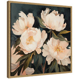 Painterly canvas depicting four large cream-colored peonies with soft peach centers against a dark, muted background framed in a textured golden frame.