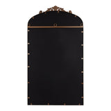 Tall rectangular mirror with an arched top and ornate carved wooden crest, shown from the back with multiple brown mounting brackets on a black backing.