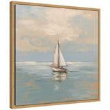 Framed canvas painting of a small sailboat with white sails on calm blue water under a pastel sky with soft clouds, showing impressionistic brushstrokes.