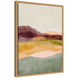 Abstract landscape painting with layered horizontal bands of muted green, peach, orange, and brown, framed in a light wooden frame, viewed slightly angled from the left.