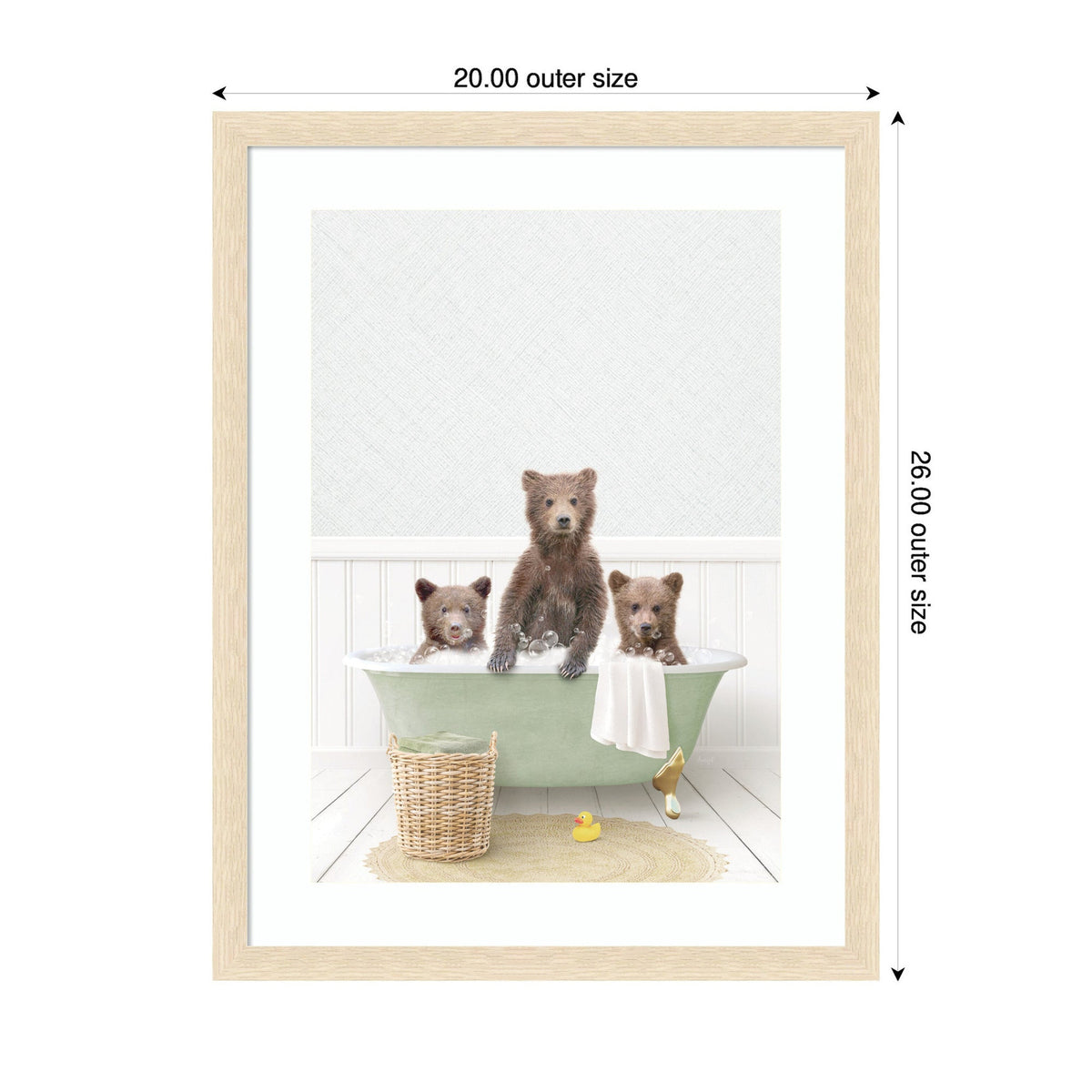 Three brown bear cubs in a pale green clawfoot bathtub with a white towel draped over the side, a wicker basket nearby, and a rubber duck on a round bath mat.