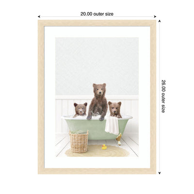 Three Bear Cubs in Cottage Green Bath by Amy Peterson Framed Wall Art Print