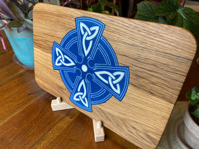 Handmade white oak charcuterie board with Celtic Cross resin inlay