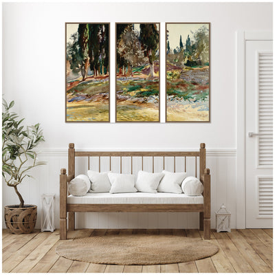 Cypress Trees at San Vigilio Lake Garda John Singer Sargent 3 Piece Framed Canvas Wall Art Set by Nostalgia Prints