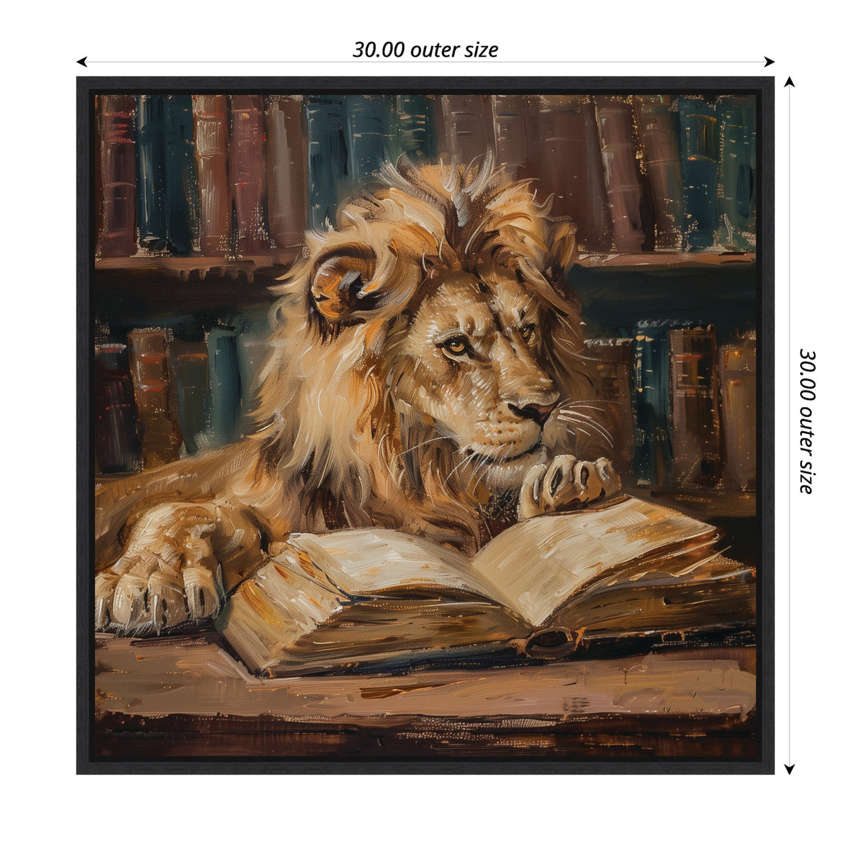 Painting of a lion resting its paw on an open book in a library, surrounded by shelves filled with multicolored books, framed and square-shaped.