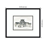 Black and white ink sketch of a Parisian building with trees, centered in a white mat and black frame measuring 25 by 21 inches outer size.
