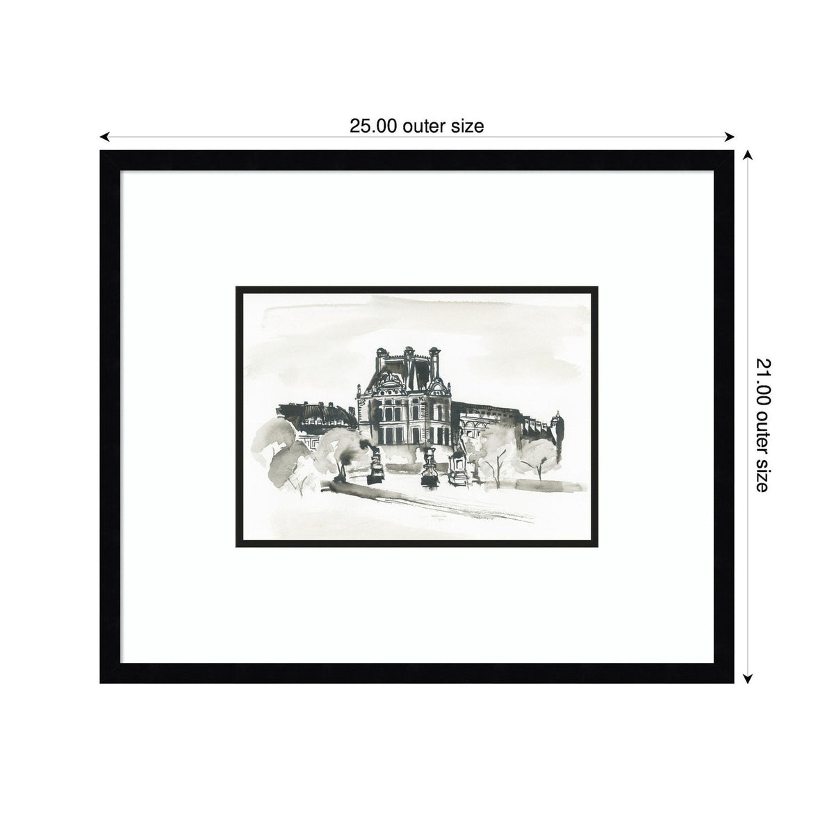 Black and white ink sketch of a Parisian building with trees, centered in a white mat and black frame measuring 25 by 21 inches outer size.