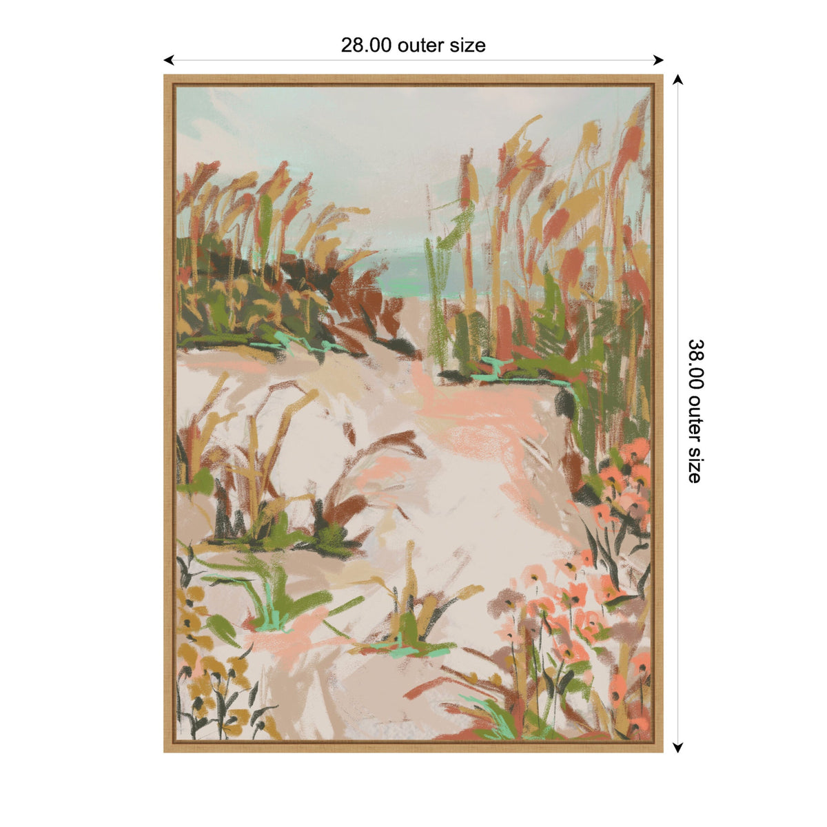 Abstract impressionist painting with soft peach and green brushstrokes depicting coastal plants and sandy path under a pale blue sky in vertical format.