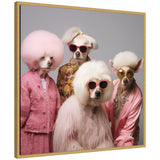 Four dogs dressed in colorful vintage clothing and sunglasses, featuring large fluffy hairstyles in pink and white tones, against a neutral background.