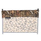 Woodhaven Short Firewood Rack Seasoning Cover in black on a firewood rack