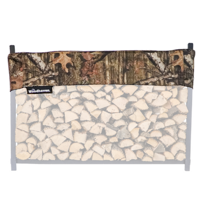 Woodhaven Short Firewood Rack Seasoning Cover in black on a firewood rack