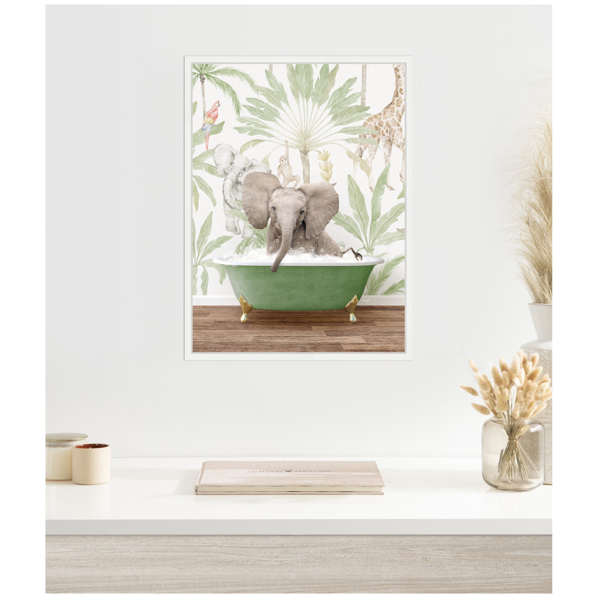 Sylvie Baby Elephant 3 in Wild Safari Bathtub Framed Canvas by Amy Peterson