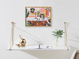 Colorful illustration of a tiger relaxing in an orange tiger-striped bathtub filled with bubbles, surrounded by plants and vibrant pink and yellow walls.