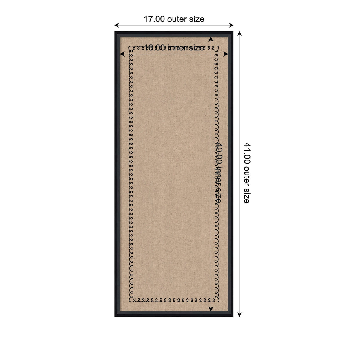 Rectangular beige pinboard with a black scalloped border inside a black frame, displayed with outer and inner size measurements in inches.