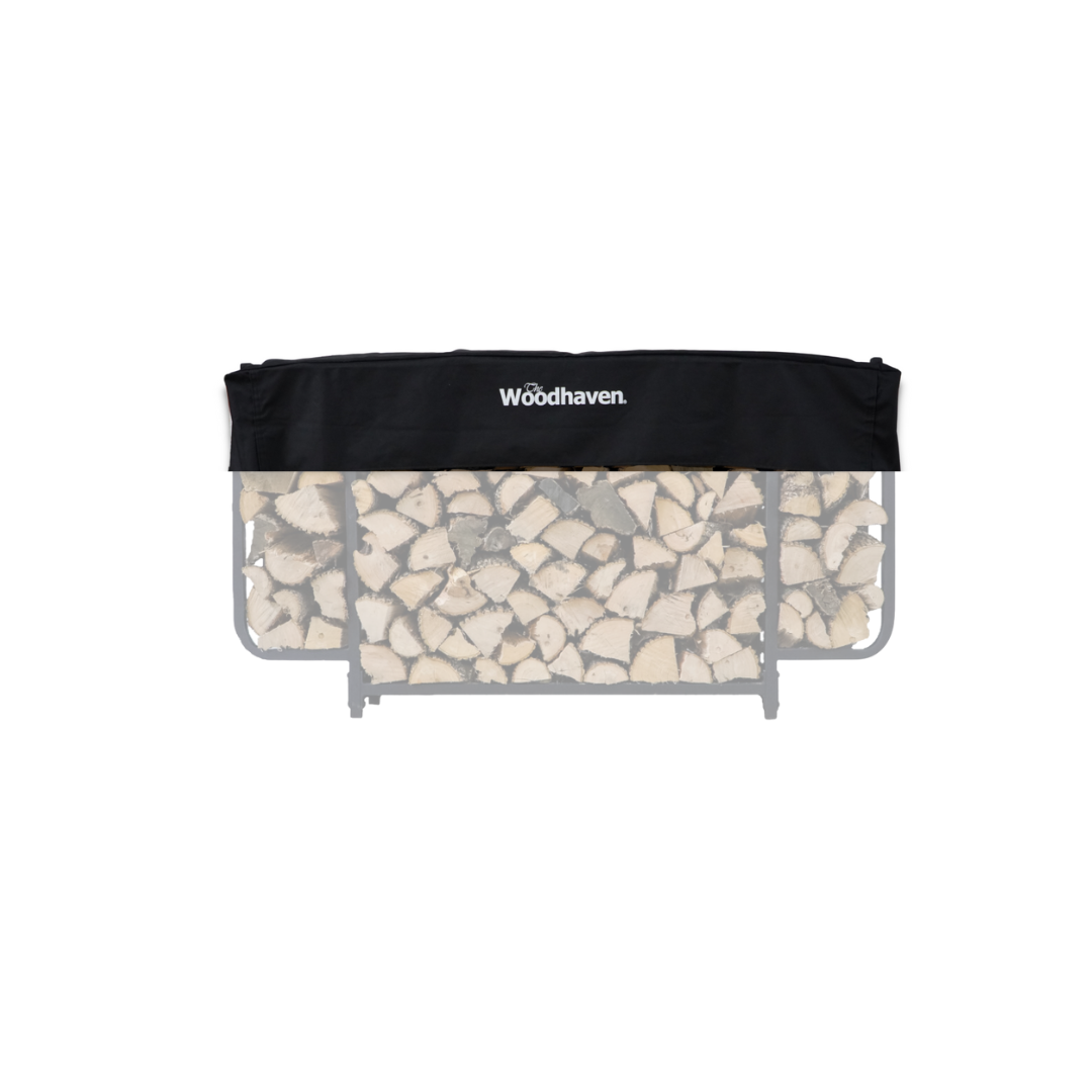 Woodhaven Short Firewood Rack Seasoning Cover in black on a firewood rack