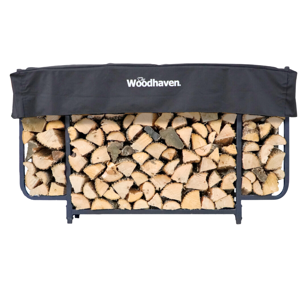 6 ft Courtyard Steel Firewood Rack with Cover by The Woodhaven, showing three storage sections and a protective cover