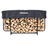 6 ft Courtyard Steel Firewood Rack with Cover by The Woodhaven, showing three storage sections and a protective cover