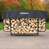 6 ft Courtyard Steel Firewood Rack with Cover by The Woodhaven, showing three storage sections and a protective cover