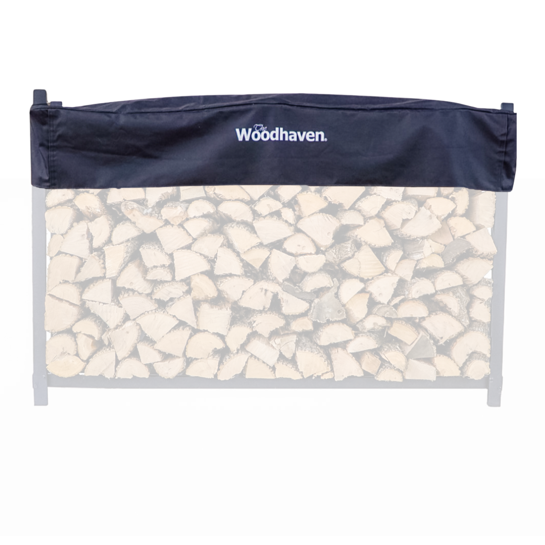 Woodhaven Short Firewood Rack Seasoning Cover in black on a firewood rack