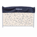 Woodhaven Short Firewood Rack Seasoning Cover in black on a firewood rack