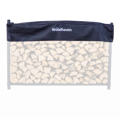 Woodhaven Short Firewood Rack Seasoning Cover in black on a firewood rack