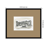 Monochrome ink sketch of Venice's Rialto Bridge with a gondola on water, framed with a beige mat and black border, showing outer dimensions 25 by 21 inches.