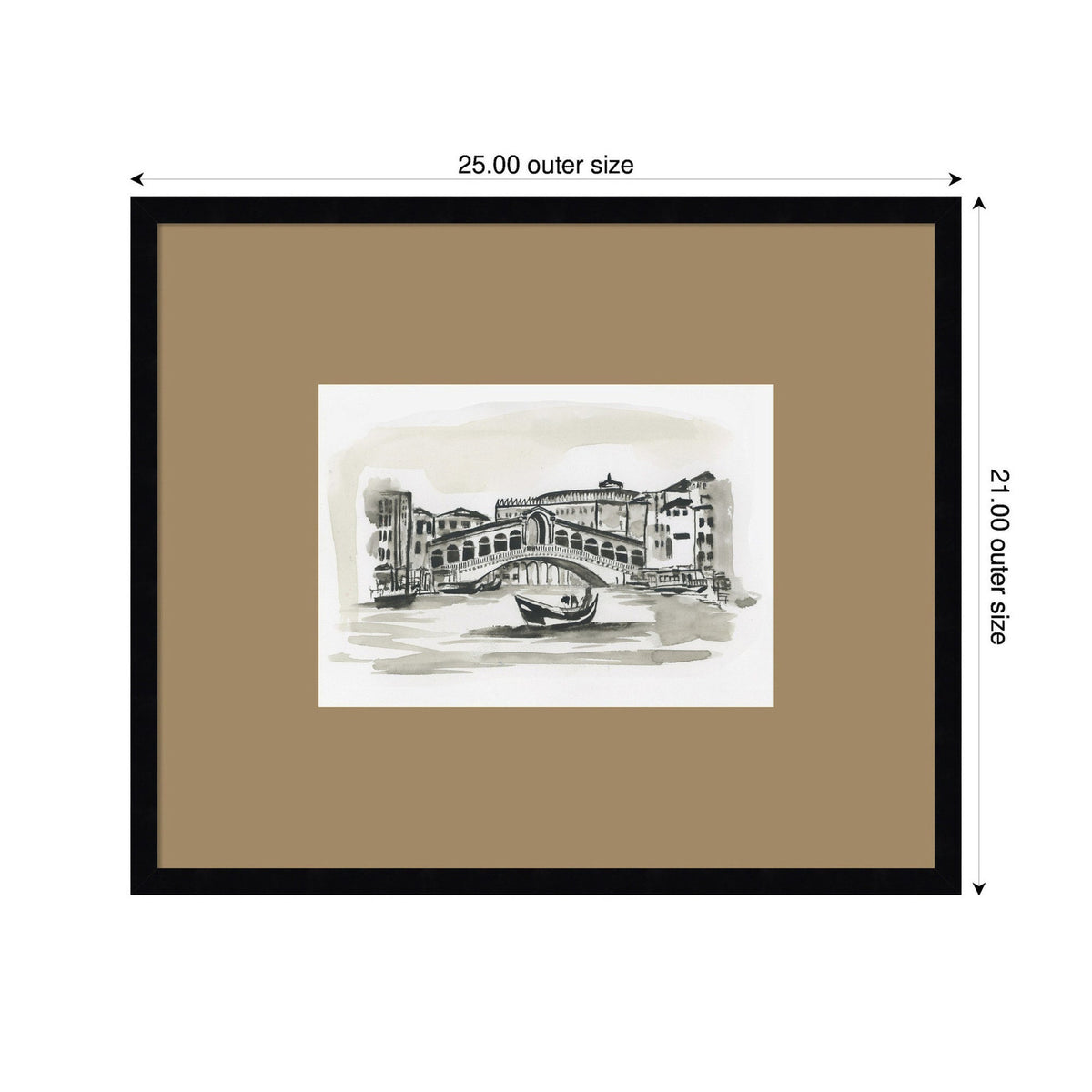Monochrome ink sketch of Venice's Rialto Bridge with a gondola on water, framed with a beige mat and black border, showing outer dimensions 25 by 21 inches.