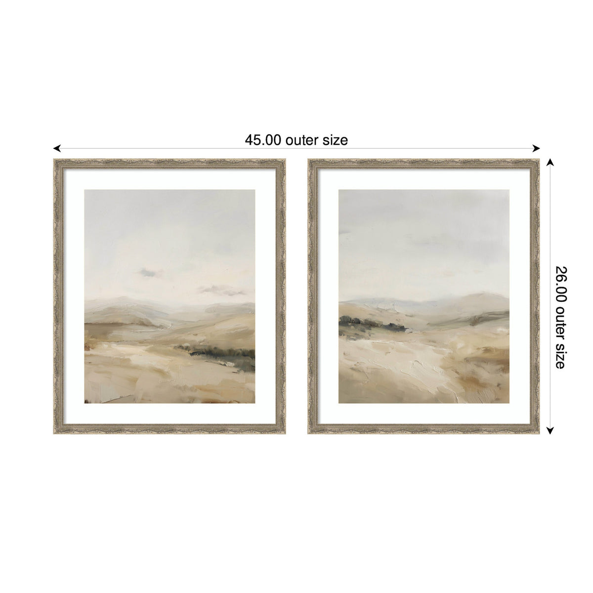 Two framed landscape art prints with soft beige and gray tones depicting misty fields and hills under overcast skies, each in a light wood frame with white matting.
