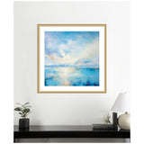 Framed painting of a tranquil seascape with soft blue waters and cloudy sky, reflecting gentle light across the horizon in pastel tones.