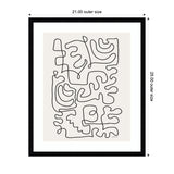 Black abstract continuous line patterns on white background, framed in simple black with 21x25 inch outer size indicated by arrows above and beside frame.